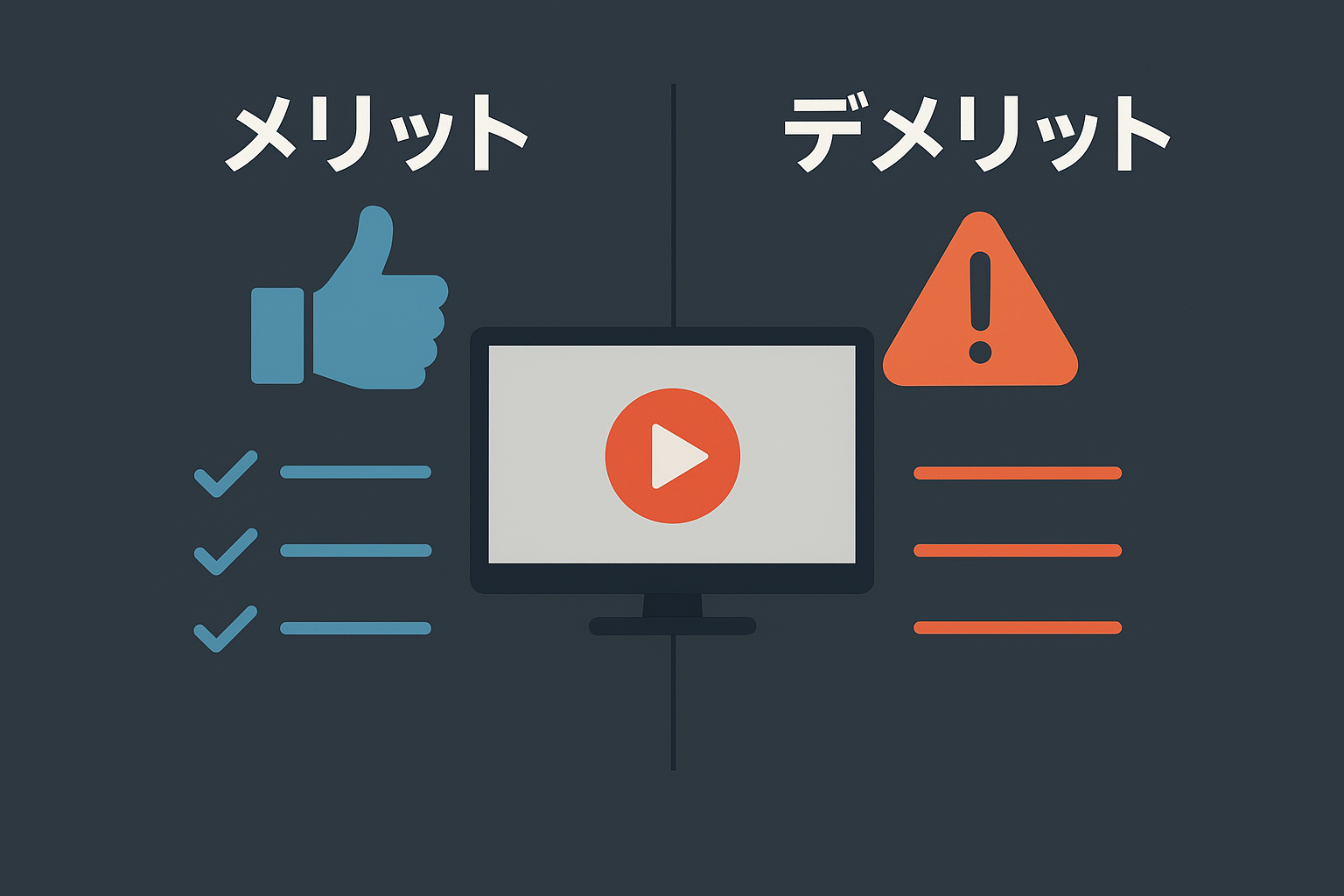 Clean modern flat graphic design, dark background, split-screen infographic showing 'メリット' on one si